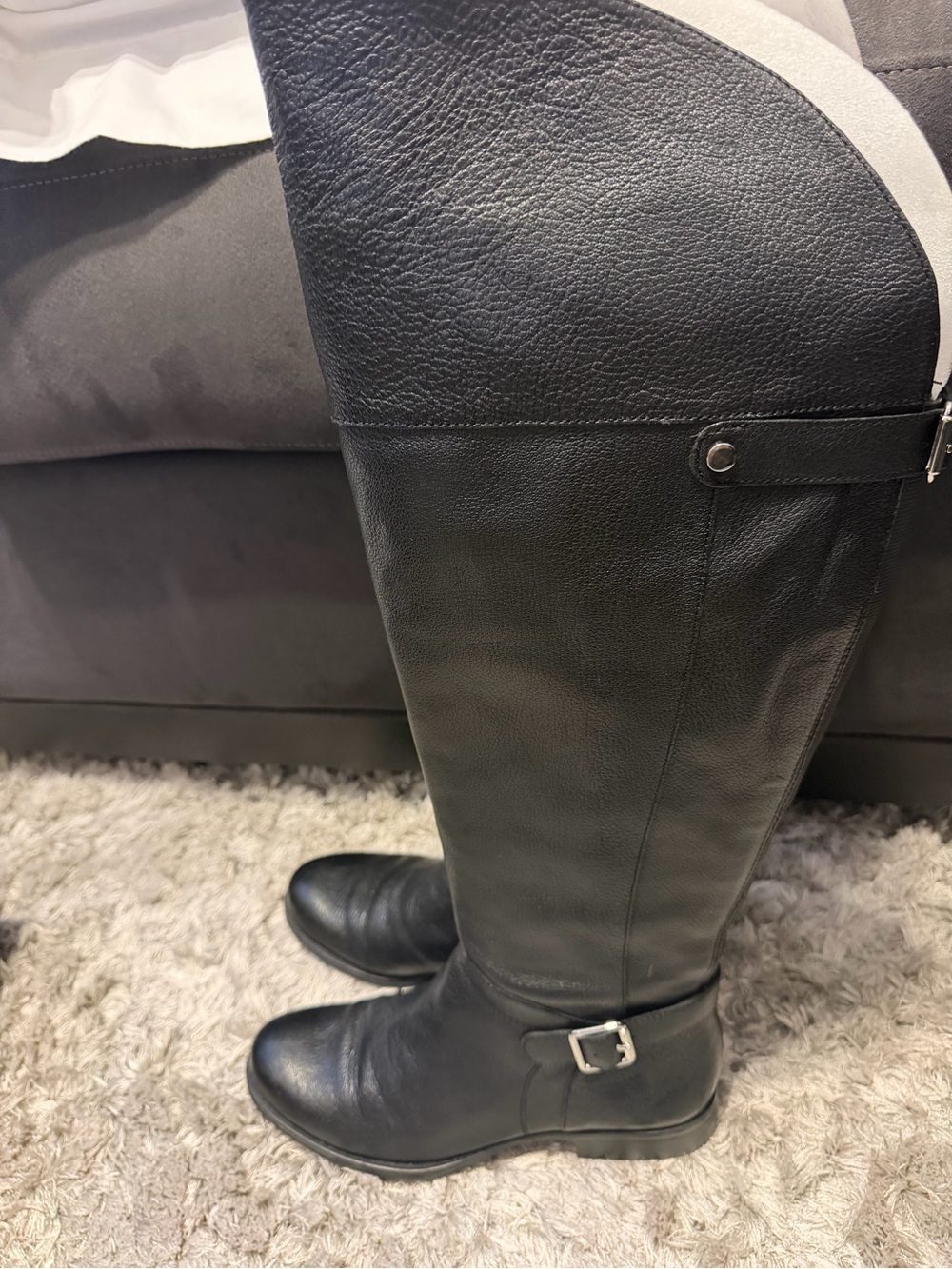 Black Leather Knee-High Riding Boots Wide-Calf